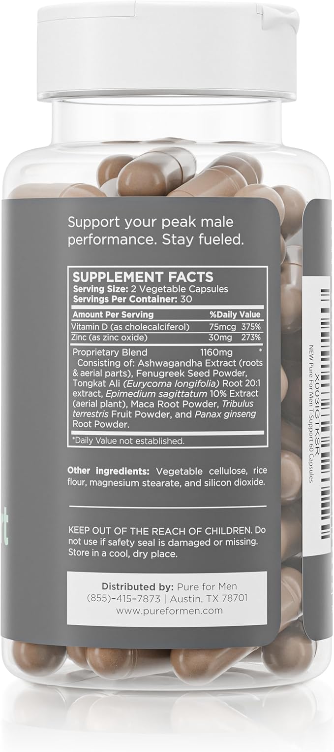 Pure for Men T-Support Supplement | Vegetarian Total Support for Men with Maca, Vitamin D, & Ashwagandha, Muscle Health | Endurance, Strength, Focus, & Energy Support | 60 Capsules