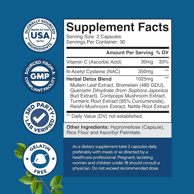 Lung Detox Mullein Leaf Capsules - Purifying Mullein Lung Cleanse Complex with NAC Quercetin & Cordyceps Extracts - Leaf Herb Respiratory Supplement for Sinus Immunity & Breathing Support 60ct