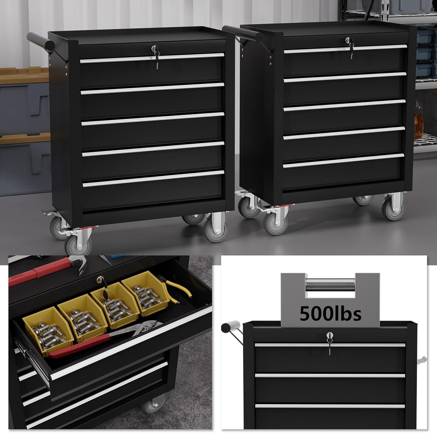 5-Drawer Tool Chest,Rolling Tool Cart with Wheels,High Capacity Tool Cabinet with Locking System for Garage, Warehouse, Workshop-Black
