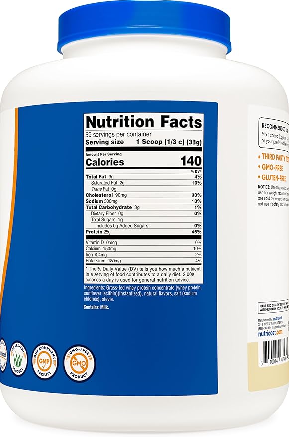 Nutricost Grass-Fed Whey Protein Concentrate (Vanilla) 5LBS - Undenatured, Non-GMO, Gluten Free, Natural Flavors