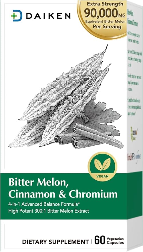 DAIKEN Bitter Melon 90,000 mg Equivalent, Enriched with Cinnamon, Chromium & Zinc, 100% Vegetarian Bitter Melon Capsules, 60 Capsules (Pack of 2)