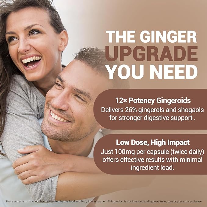 Pure Ginger Root Capsules Enh-12x: Ultra Potent 26% Gingeroids Extract Vegan Ginger Supplements for Nausea, Bloating & Menstrual Cramps, Support a Calm Stomach & Digestive Health, Non-GMO, (30 Days)