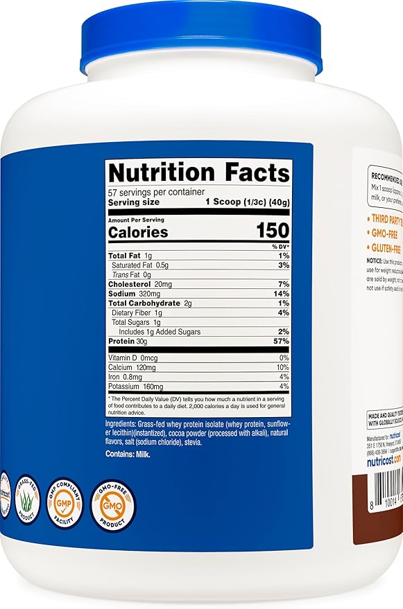 Nutricost Grass-Fed Whey Protein Isolate (Chocolate) 5LBS - Non-GMO, Gluten Free, Natural Flavors