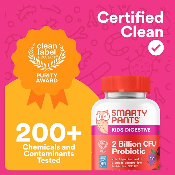 SmartyPants Kids Probiotic Gummies for Digestive Health: 2 Billion CFU Gut Health and Immune Support Supplement, Clinically Studied Probiotic, Gluten Free, Grape, 30 Count (30 Day Supply)