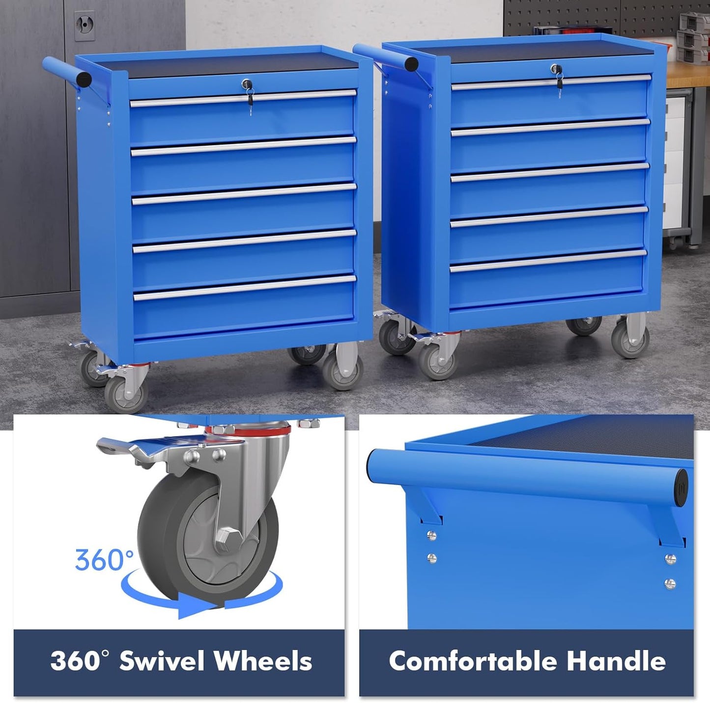 5-Drawer Tool Chest,Rolling Tool Cart with Wheels,High Capacity Tool Cabinet with Locking System for Garage, Warehouse, Workshop-Blue