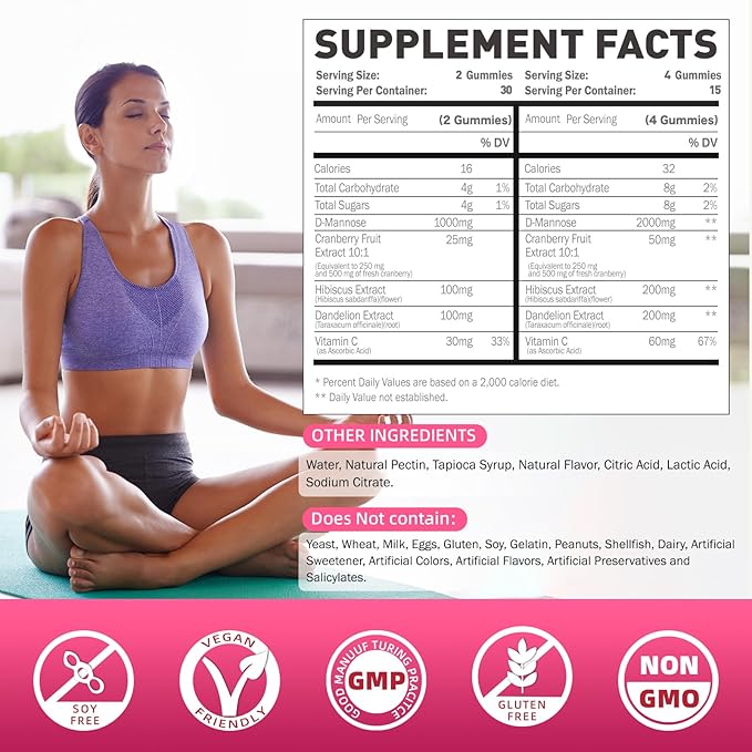 D-Mannose Gummies 2000mg with Cranberry 500mg & Hibiscus - D Mannose Chewable Supplements for Women - Liver, Bladder Flush & Urinary Tract Cleanse Health Supplement, 60 Counts
