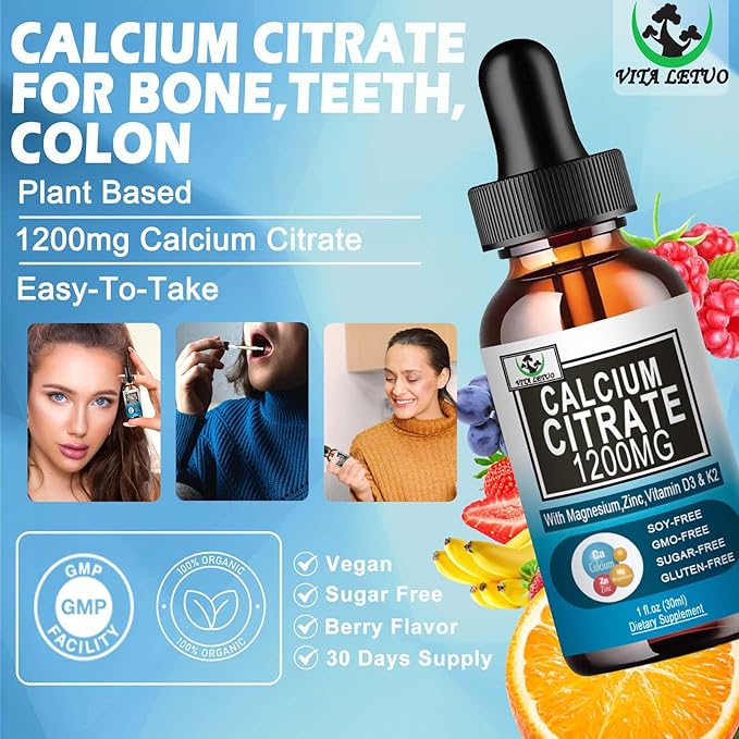 Calcium Citrate Supplement,1200mg Calcium with Vitamin D3 Drops for Bone,Teeth,Colon,Cardiovascular Health,High Absorption Liquid Calcium Magnesium Citrate 400mg Plus Zinc Vitamin K2,Vegan,30 Servings