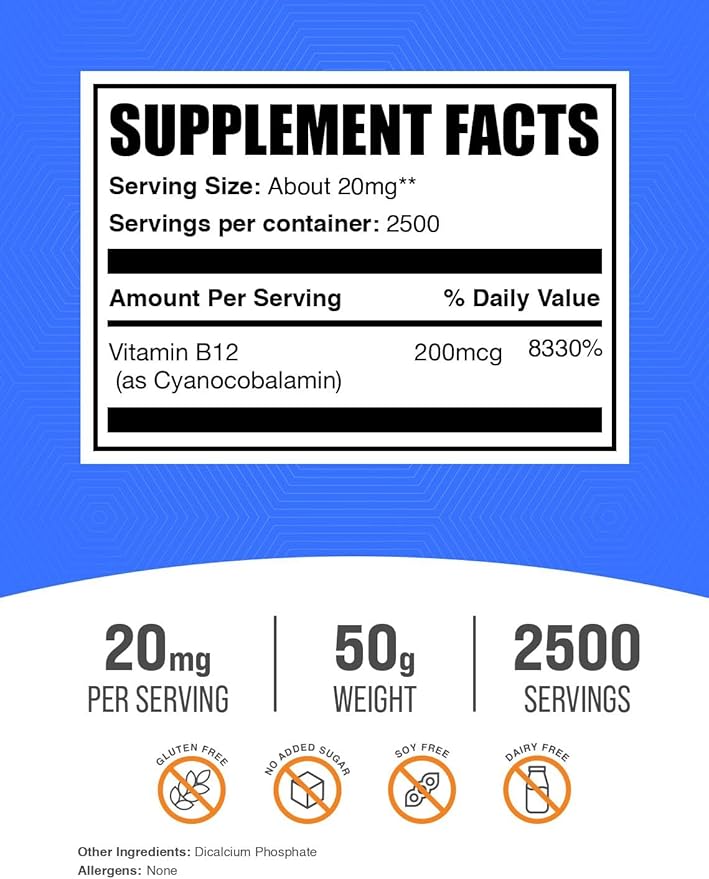 BulkSupplements.com Vitamin B12 Powder - as Cyanocobalamin, Vitamin B Supplement, Vitamin B12 200 mcg - Essential Vitamin, Gluten Free, 20mg per Serving, 50g (1.8 oz) (Pack of 1)