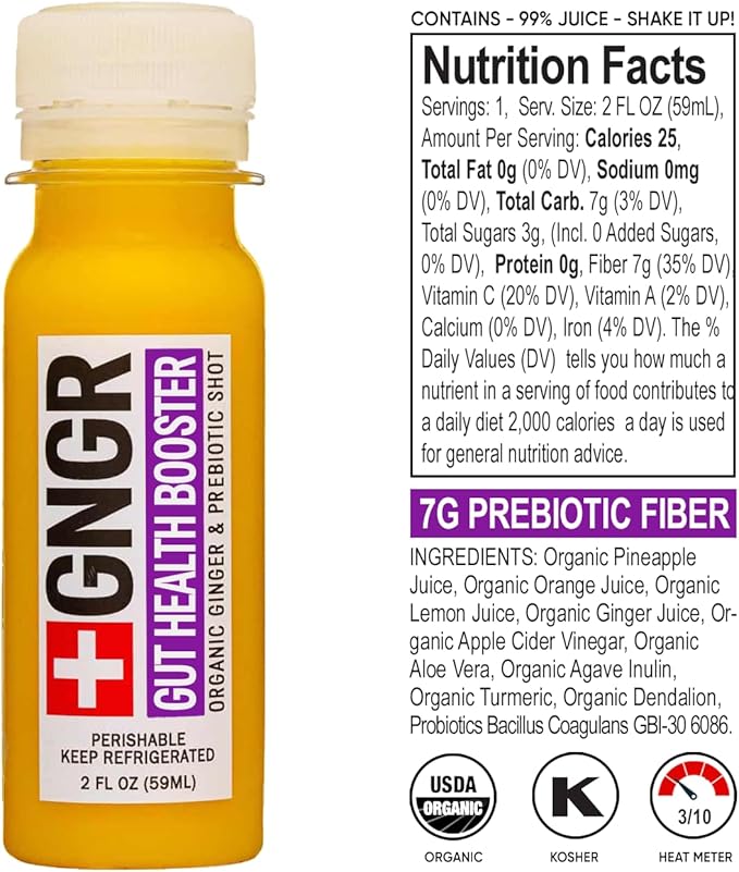 '+GNGR Gut Health Booster, Ginger Shot with Apple Cider Vinegar, 7G Prebiotic Fiber, Aloe Vera, Probiotics, Dandelion Root, Turmeric Root, Immunity Shot, Colon and Liver Cleanse, 2 Oz, Pack of 12
