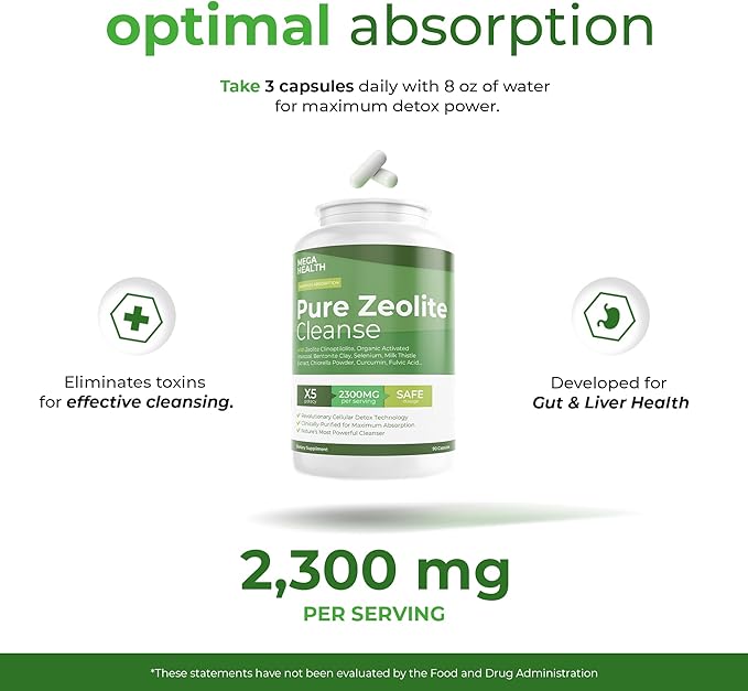 2300 MG Pure Zeolite Cleanse – Ultra-Fine Clinoptilolite Zeolite Detox, Activated Charcoal & Bentonite Clay – Liver & Gut Detox Cleanse, Toxin Flush, Digestive, Max Absorption, 90 Vegan Capsules