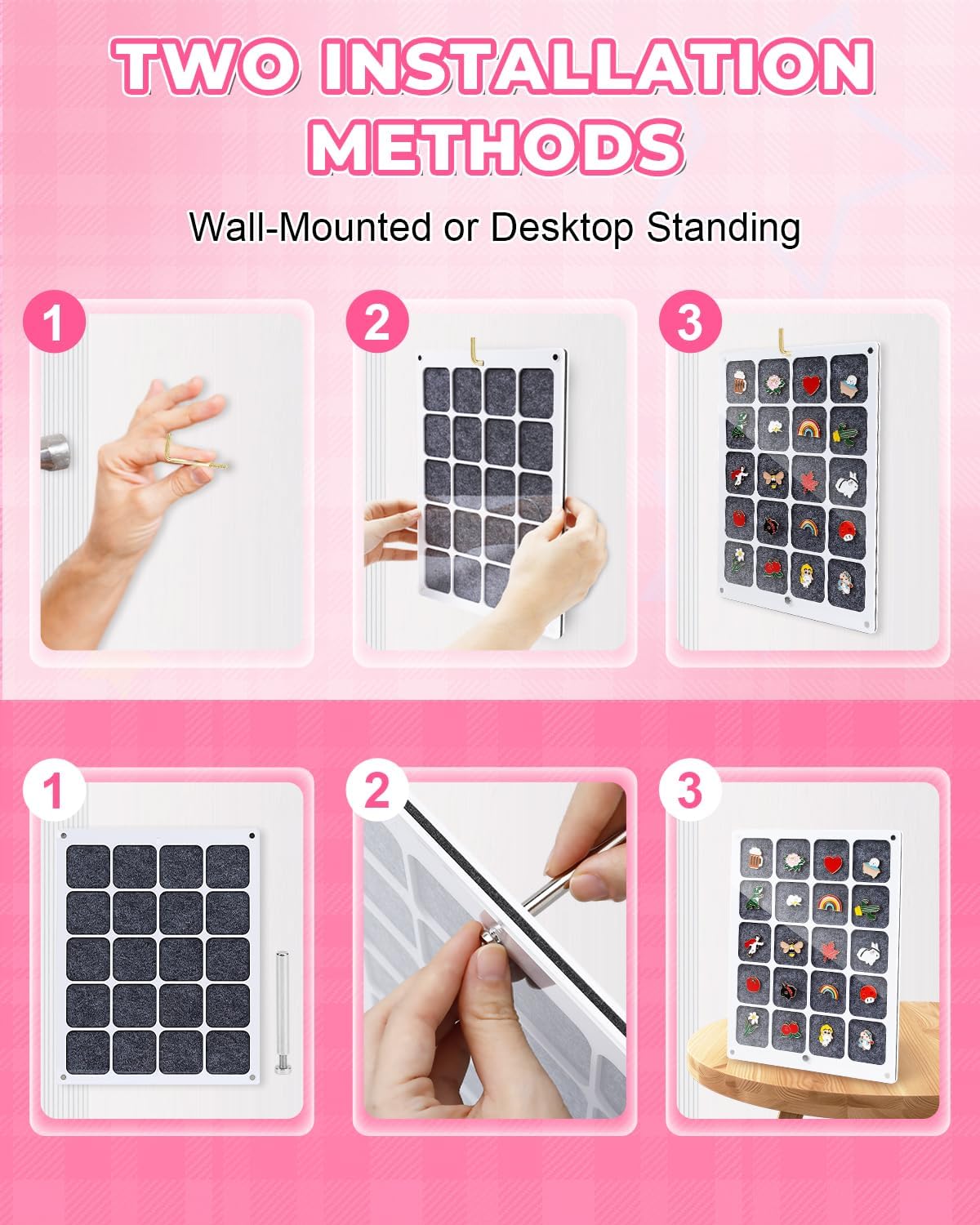 UCEC 20 Grids Clear Acrylic Pin Display Board & 50 PCS Rubber Pin Backs, Pins Organizer Board Enamel Pin Board Display Case, Dust-Free Pin Collection Display, Tabletop & Wall Pin Holder Display