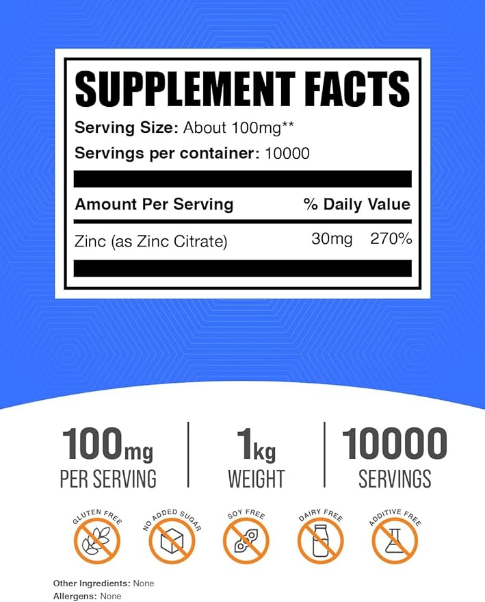 BulkSupplements.com Zinc Citrate Powder - Zinc Supplements, Mineral Supplement, for Immune Support - Gluten Free, 100mg per Serving, 1kg (2.2 lbs) (Pack of 1)