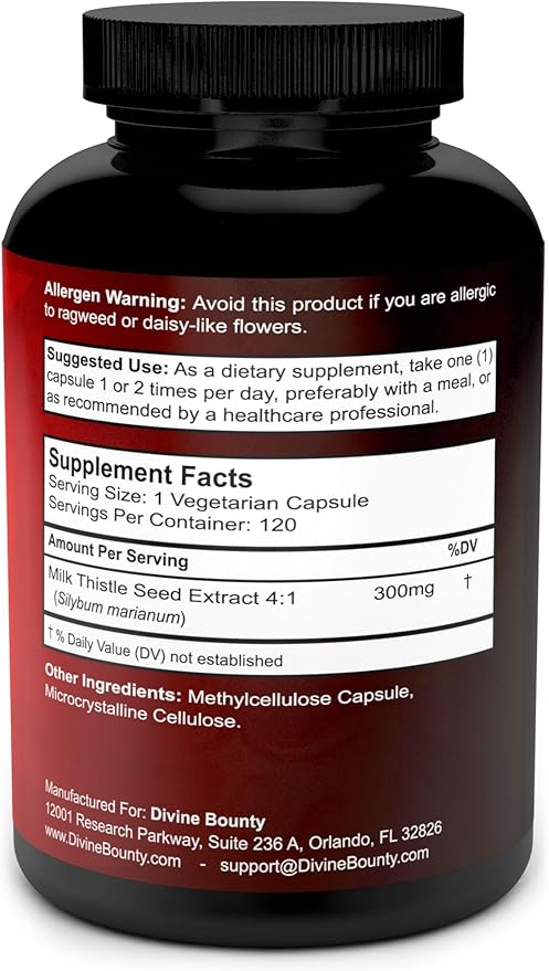 Divine Bounty Pure Milk Thistle Capsules Supplement - A Potent 1200mg Milk Thistle Supplement with 4X Concentrated Extract (Standardized) 120 Vegetarian Capsules