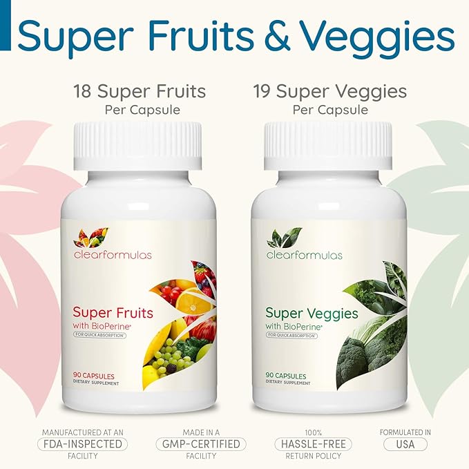 Daily Fruit and Veggies Supplement for Adults - Super Fruits and Vegetables Supplement with 37 Different Super Foods for Overall Health Wellness and Immune Support - Non-GMO and Vegan (30 Servings)