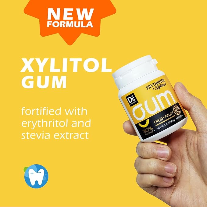 DC24 DAILY CARE Xylitol Chewing Gum with Erythritol, Aspartame Free & Sugar Free Gum for Dry Mouth, Low-Calorie, Sugarless, Fresh Fruit, 60 Pieces (Pack of 1)