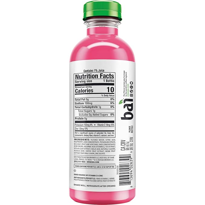 Bai Antioxidant Infused Water Beverage, Raspberry Lemon Lime, with Vitamin C and No Artificial Sweeteners, 18 Fluid Ounce Bottle, 12 Pack