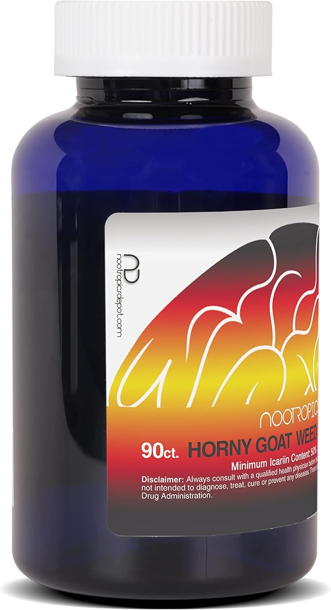 Nootropics Depot Horny Goat Weed Capsules | 200mg | 90 Count | Minimum 50% Icariin | Epimedium brevicornum
