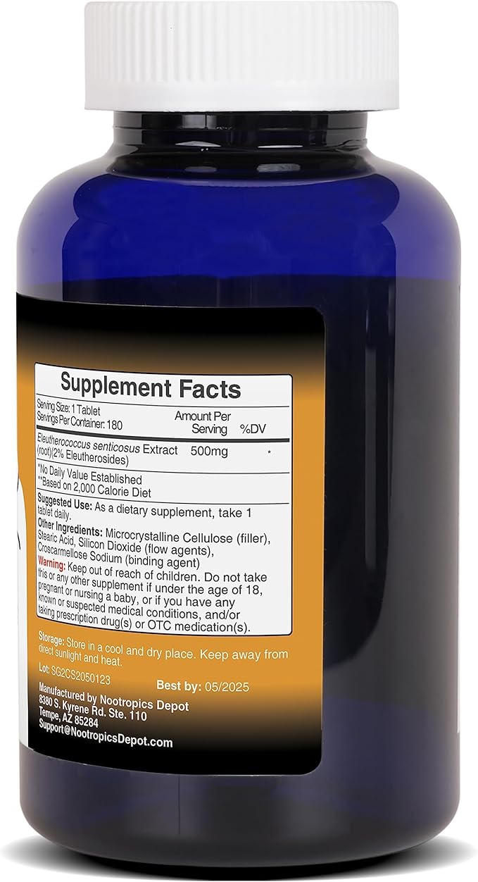Nootropics Depot Siberian Eleuthero Tablets | 500mg | 180 Count | 2% Eleutherosides | Eleutherococcus senticosus | Endurance, Metabolic, & Memory Support