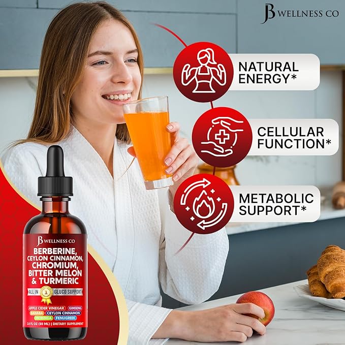 Berberine with Ceylon Cinnamon Supplement Liquid Drops + Bitter Melon Extract, Glucomannan, Gymnema, Chromium, Turmeric, Panax Ginseng, Moringa- 6 OZ
