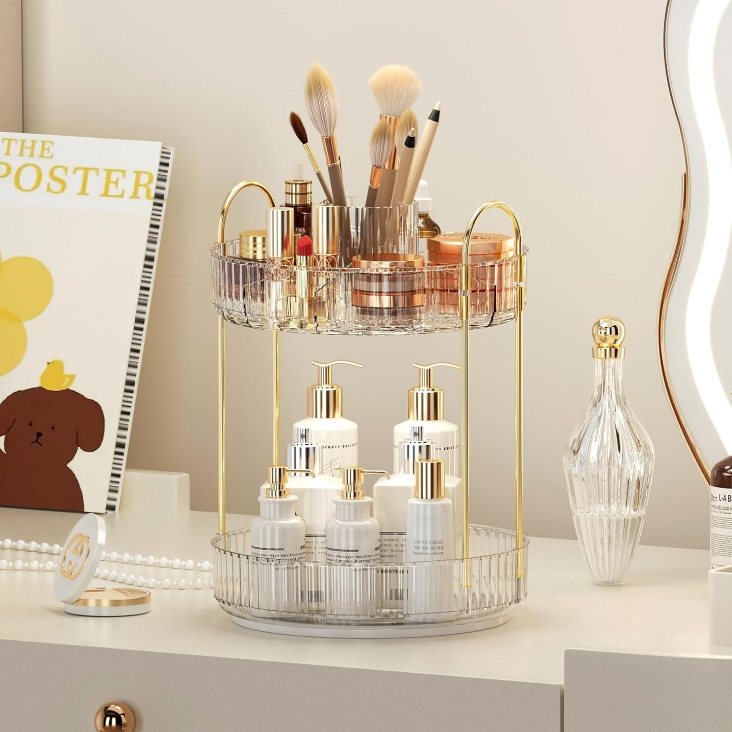 360° Rotating Makeup Organizer, Upgraded 2 Tier Skincare Perfume Organizers for Women, Bathroom Organizer Countertop, Clear Cosmetic Dresser Organizer with Makeup Brush Holder, Sink&Counte (Clear)