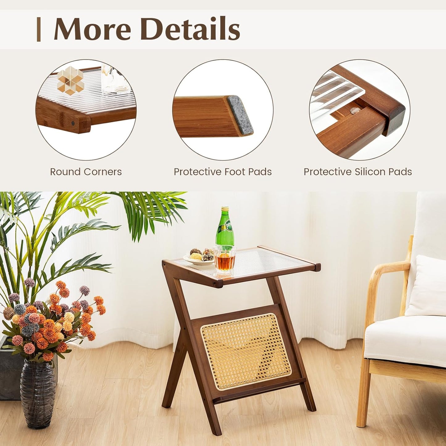 Giantex Rattan Side Table, Boho Nightstand with Glass Top & Magazine Rack, End Table with Storage, Bamboo Bedside Table for Small Space Living Room Bedroom (1, Walnut)