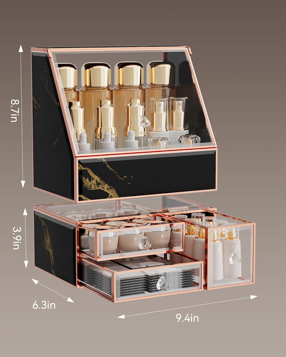 Makeup Organizer for Vanity, Black Makeup Organizer with Drawer, Skincare Holder for Bathroom Countertop,Cosmetic Display Case for Dresser