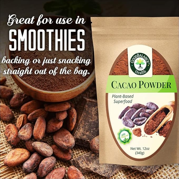Good Balance Health Cacao Powder | Raw Cacao | Organic Cacao, Chocolate Powder | Perfect for Baking, Smoothies | Plant-Based, Organic, Gluten Free, Vegan Friendly, Keto Friendly | 12 Ounches (Resealable Bag)