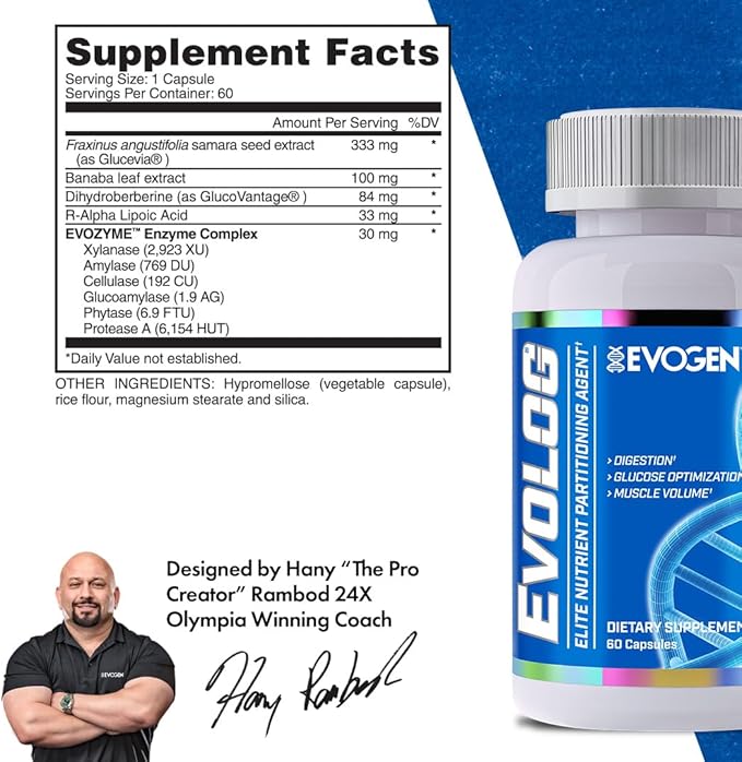 Evogen Evolog - Glucose Disposal Agent (GDA) & Elite Nutrient Partitioning | Mass Gainer & Weight Gainer for Women & Men | Supports Digestion, Glucose Optimization, Muscle Volume | 60 Capsules