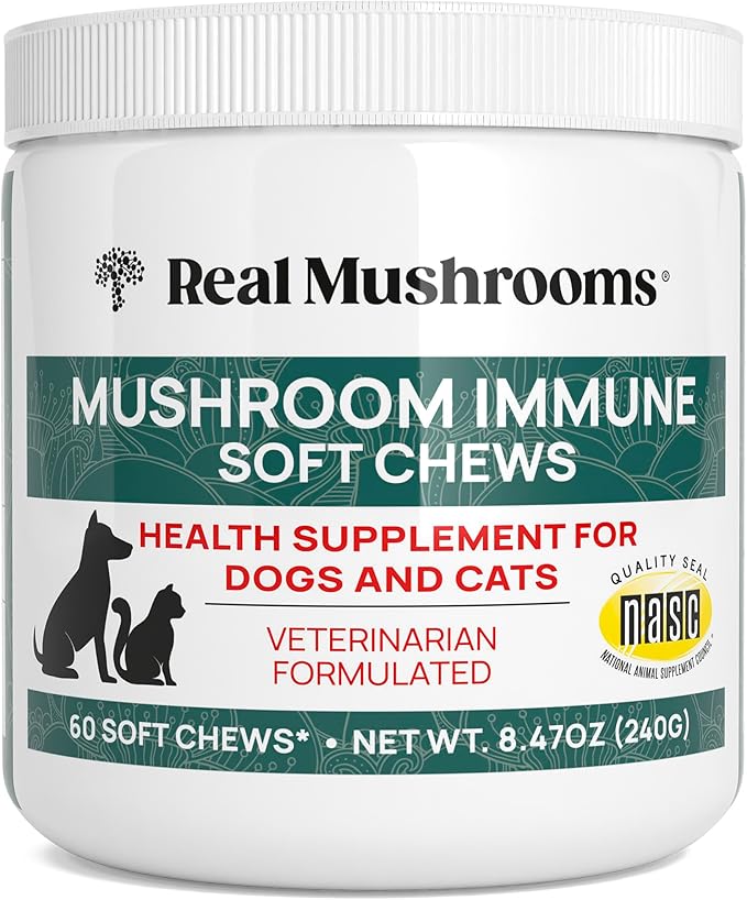 Real Mushrooms Soft Chews for Pets – Functional Treats with Reishi, Olive Leaf, Ashwagandha Blend – Cats & Dogs Vitamin Bites– Mushroom Supplement for Dogs & Cats Wellness Support, 60 Count