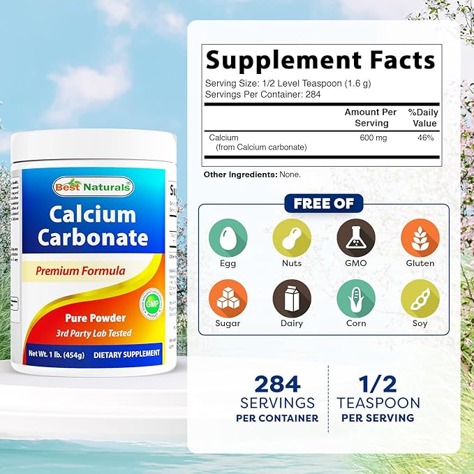 2 Pack - Best Naturals Calcium Carbonate Powder 1 Pound (Total 2 Pound) - Food Grade