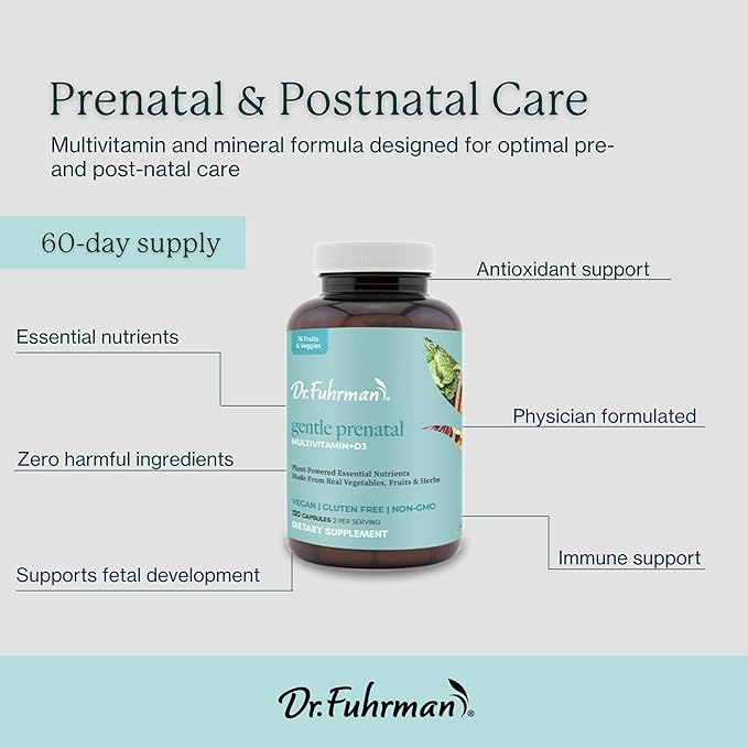 Dr Fuhrman Prenatal Vitamins For Women | Doctor-Formulated Prenatal Vitamins | Natural Folate, B12, Choline & Iodine for Pregnancy Support, Brain & Immune Health | No Synthetic Folic Acid | 120 Cap