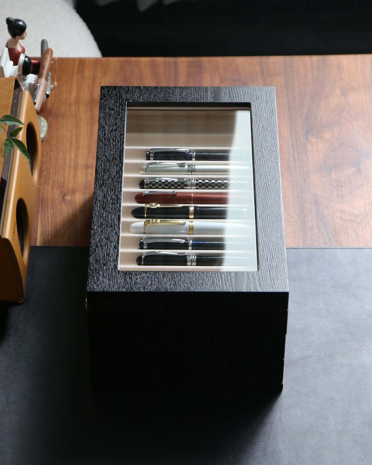 wood pen display case 36 slot Fountain pen Box storage Organizer with drawer, Top Glass Window Pen Collection Display Case
