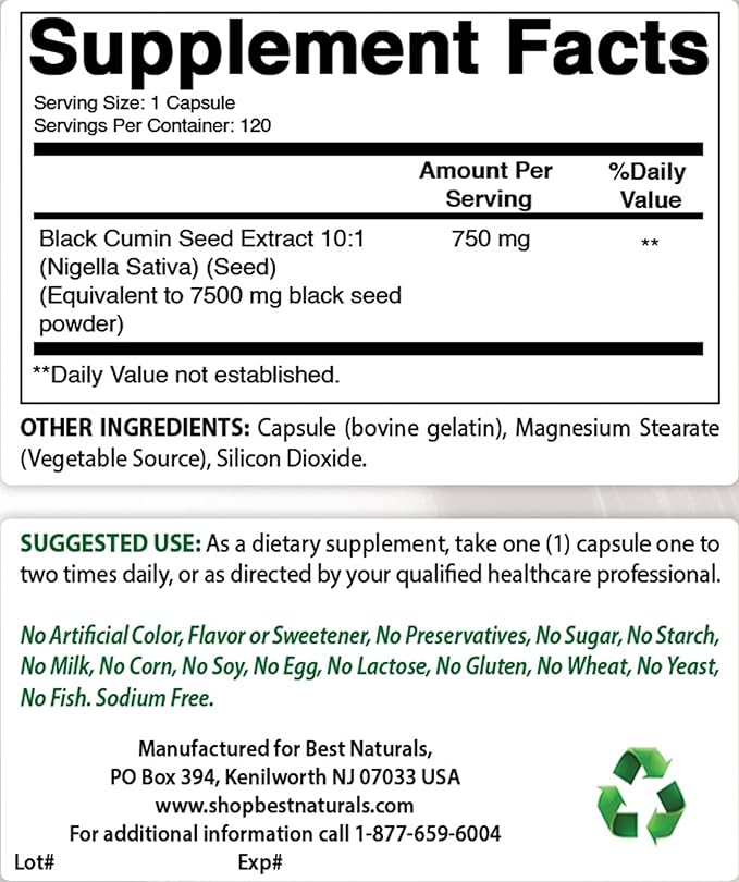 Best Naturals Black Seed (Black Cumin Seed Extract 10:1) 750 mg Per Serving- 120 Capsules