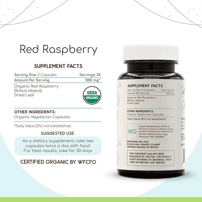 Red Raspberry USDA Organic 60 Capsules | Natural Herbal Supplement | Certified Organic Vegetarian Capsules and Organic Red Raspberry (Rubus idaeus) Dried Leaf (60 Capsules)