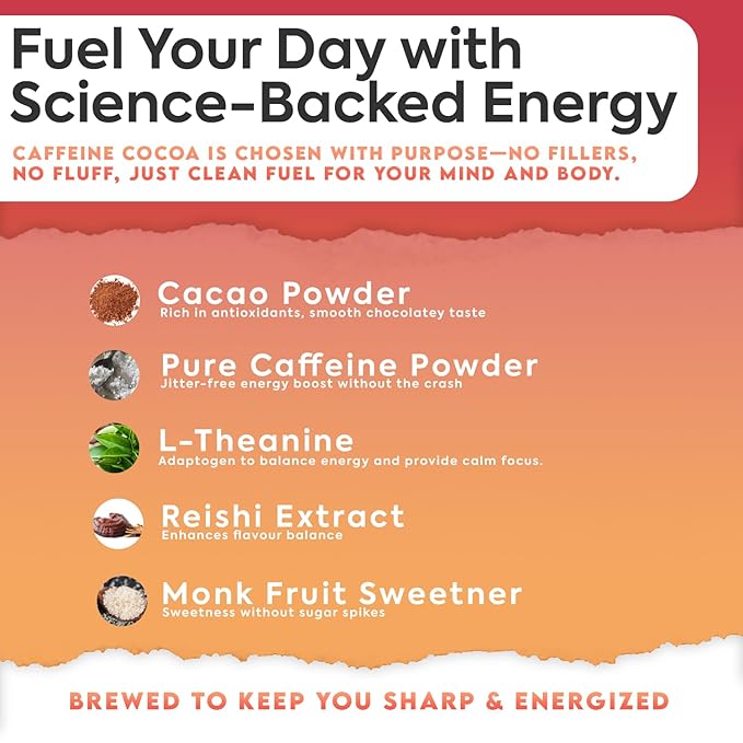 Prosper™ Caffeine Cocoa – Sugar-Free Superfood Hot Chocolate & Coffee Alternative | Vegan, Dairy-Free | Reishi Mushroom & L-Theanine for Focus & Jitter-Free Energy | High-Flavanol Cacao | 30 Servings