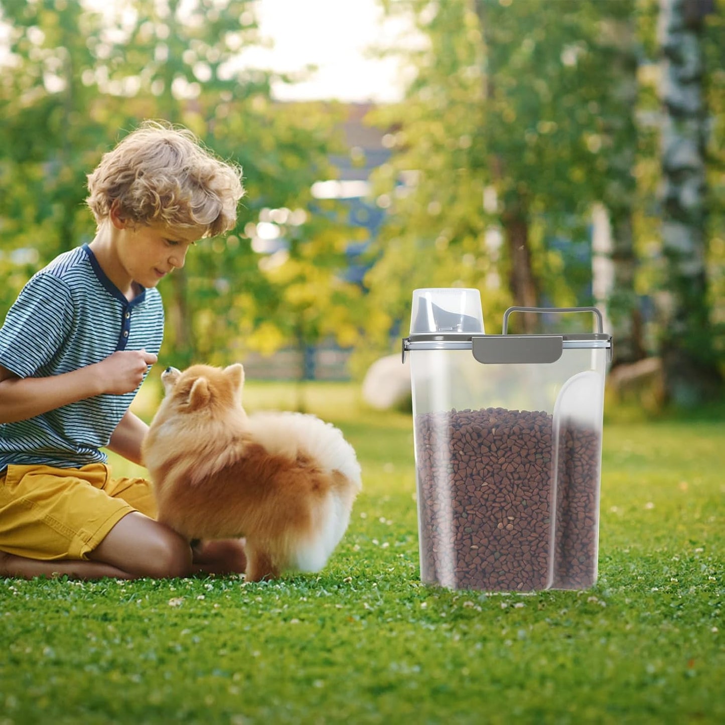 5-7Lbs Cat Dog Pet Food Storage Container with Large Nozzle Design/4 Safety Buckles/Double-Layer Sealing Strips/Handle/Measuring Cup is Easy to Clean and Does BPA-free