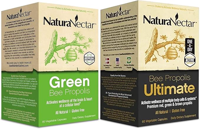 NaturaNectar Natural Bee Propolis Bundle - Green Bee Propolis and Bee Propolis Ultimate - for Immune Support, Memory and Focus - 60 Capsules per Bottle