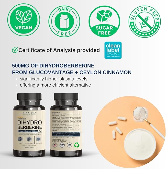 Dihydroberberine Supplement with Ceylon Cinnamon, 500mg - (Patented GlucoVantage Super Berberine), Maybe Berberine 5X More absorbable - 30 Capsules