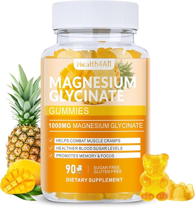 Magnesium Glycinate Gummies 1000mg, High Absorption Sugar Free Magnesium Potassium Supplement for Relaxation, Stress Relief, and Sleep Support for Adults & Kids - 90 Mango Pineapple Gummies