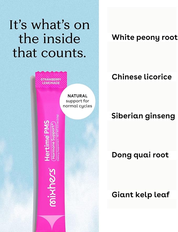 Hertime PMS - Supports Hormonal Health for Women - Supports a Healthy Menstrual Cycle - with Minerals, Peony Roots, Siberian Ginsen - Sugar-Free - 15 Drink Packets - Strawberry Lemonade
