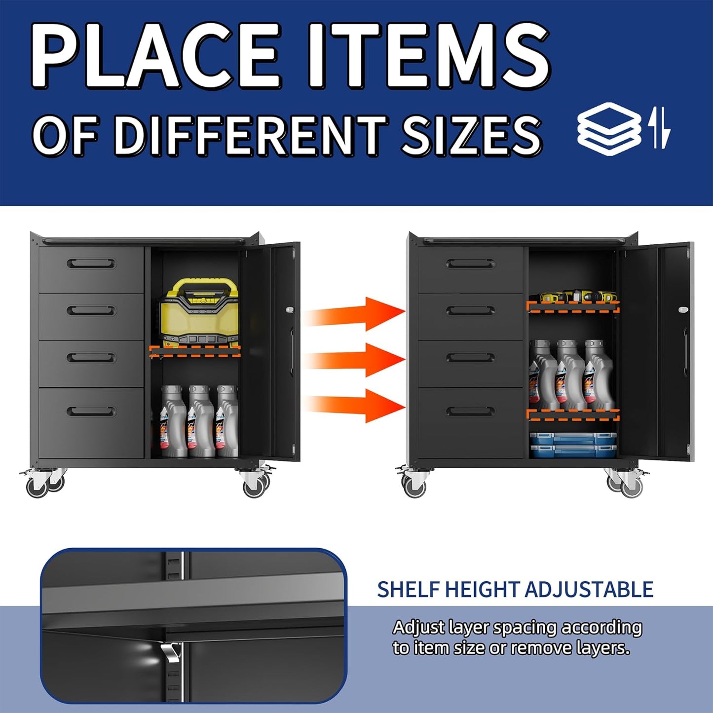 Tool Storage Cabinet, Rolling Tool Cabinet with 4 Drawers and 1 Door for Garage, Tool Room, Assembly Required(Black)