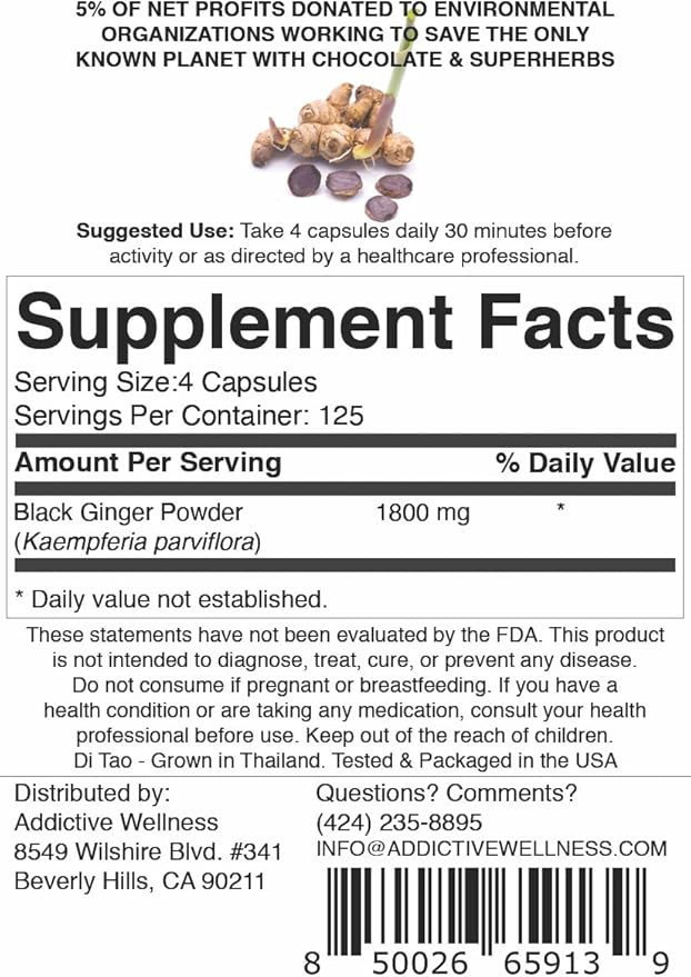 Addictive Wellness Black Ginger Capsules 450mg, Kaempferia Parviflora Supplement to Support Energy, Metabolism, Endurance & Performance, Thai Black Ginger for Men, Vegan & Paleo, 500 Count