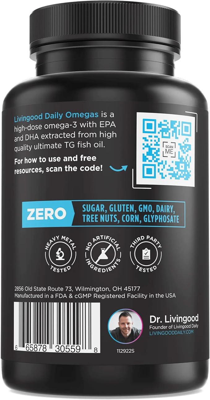 Livingood Daily Fish Oil Omega 3 Supplement, EPA and Dha from Wild Caught Fish, Omega 3 Fatty Acids for Heart, Brain, and Joint Health for Men and Women, Gluten Free, 30 Day Supply, 60 Softgels