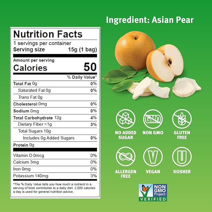 Crispy Green Natural Freeze-Dried Fruit, Pear Single-Serve, No Sugar Added, 0.53 Ounce (Pack of 12)