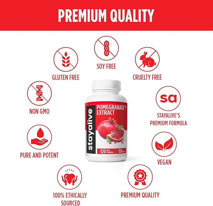 STAY ALIVE Pomegranate Extract Capsules, 20:1 Super Extract with 40% Ellagic Acid, 120 Count, Extra Strength Powder, All Natural Non-GMO and Gluten-Free Pomegranate Supplement for Women and Men