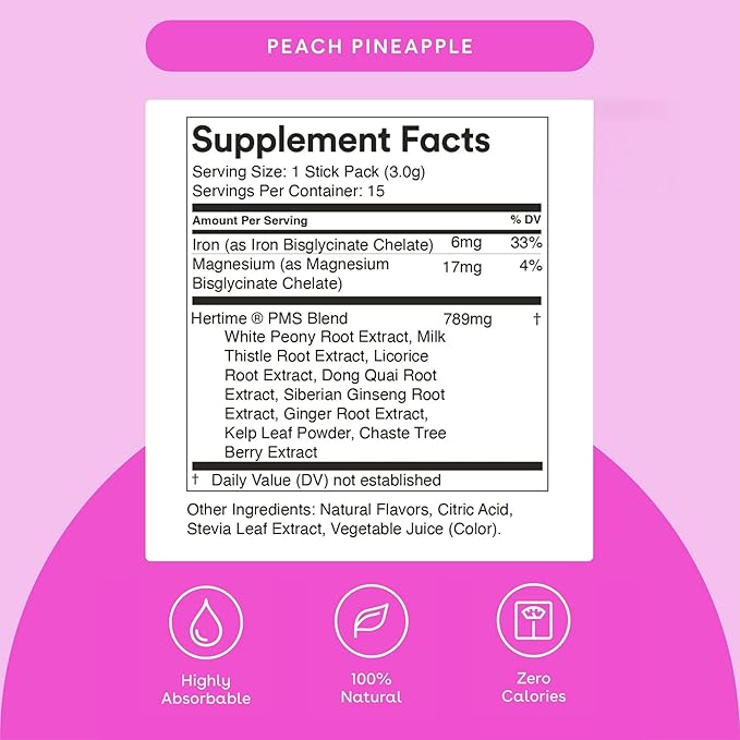 Hertime PMS - Supports Hormonal Health for Women - Supports a Healthy Menstrual Cycle - with Minerals, Peony Roots, Siberian Ginseng - Sugar-Free - 15 Drink Packets - Peach Pineapple