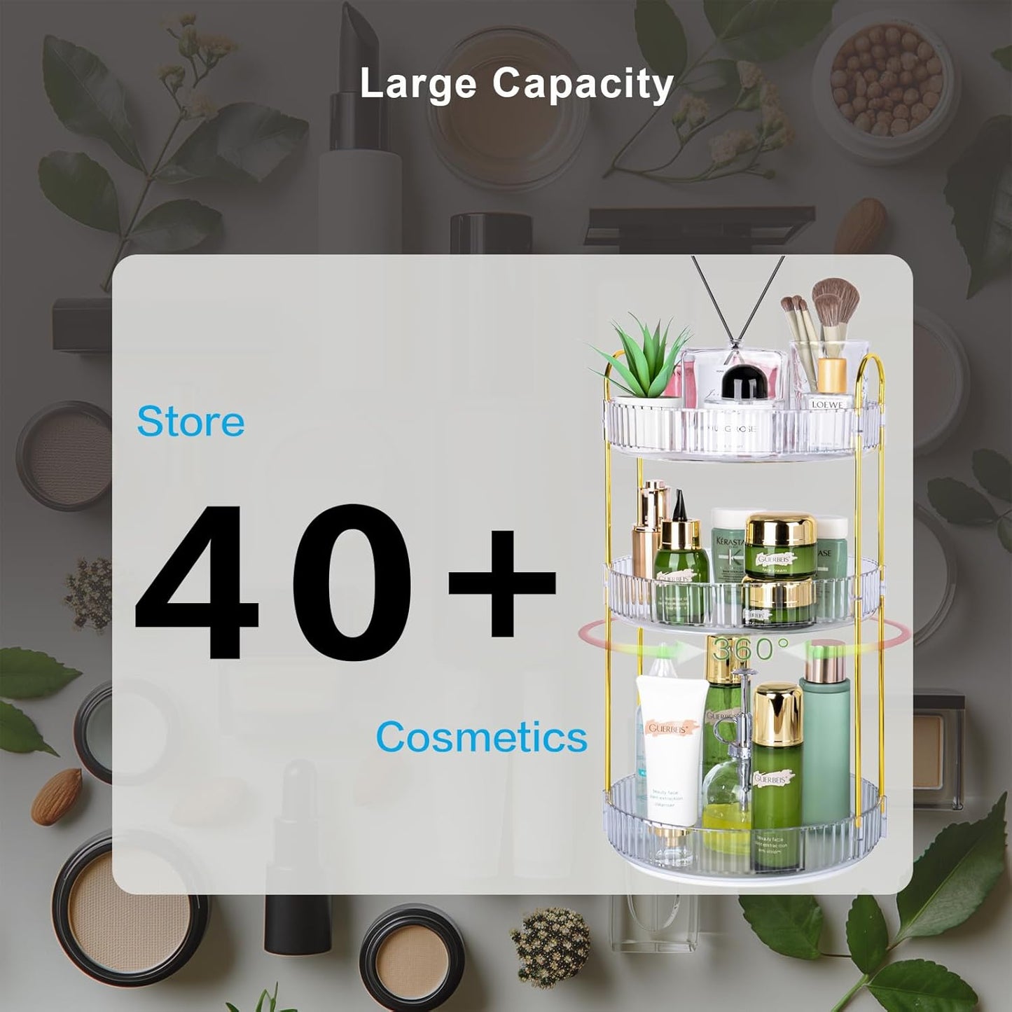 360 Rotating Makeup Organizer - Large Capacity Spinning Perfume & Cosmetic Skincare Holder for Countertop (Pearl White, 3 Tier)