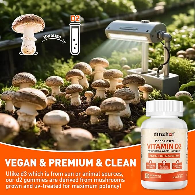 Vitamin D2 Gummies 2000 IU, Plant-Based D2 Vitamin Ergocalciferol Supplement from Whole Mushroom, Bone, Muscle, Teeth & Immune Support, Daily Sunshine Supply, Vegan, Non-GMO, Orange, 60