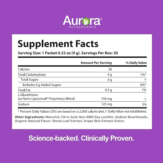 Aurora Nutrascience Nano-Liposomal Glutathione, Grape Powdered Drink Mix Immune & Antioxidant Gut Health Support Supplement, 750 mg per Serving, Non-GMO, Sugar-Free, 30 Single Serve Packets