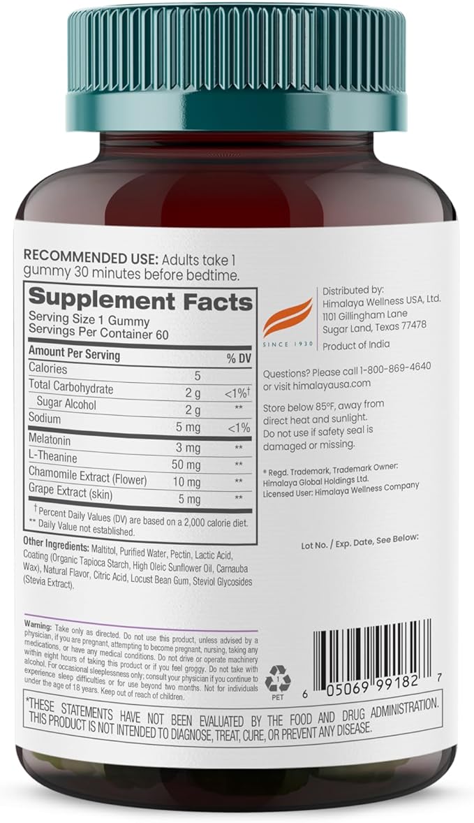 Himalaya Melatonin Sugar-Free Gummies, Supports Restful Sleep, Vegan, Gluten-Free, 3 mg Melatonin, 60 Gummies
